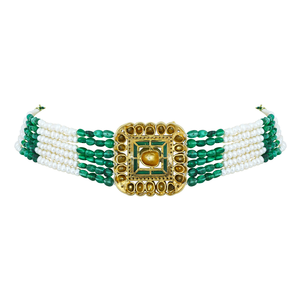 Polki Choker with Green Talaf, Emerald and Pearl Strands